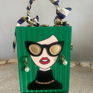 Conversation Starting, Green Novelty Face Purse with Earings and Twilly Handle